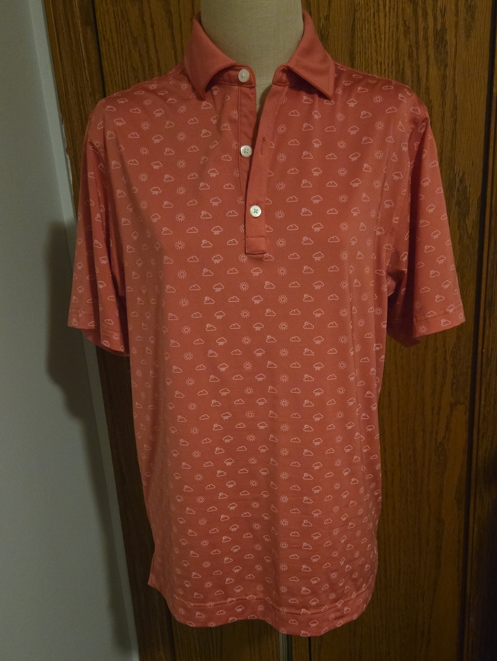 Men's Coral Foot Joy Short-Sleeve Polo Shirt with Subtle Cloud Print